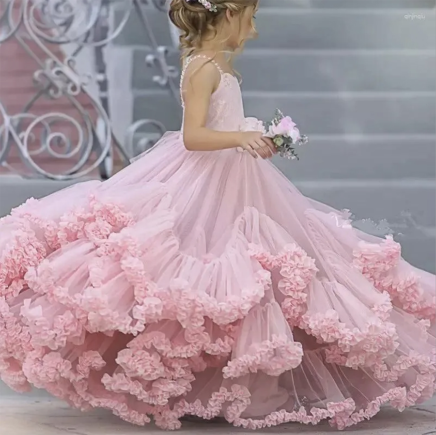 Pink Flower Girls Dresses Tulle Beaded Tiered Skirt Wedding Elegant Child's First Eucharistic Party Kids Birthday Girl Pageant Gowns 0509