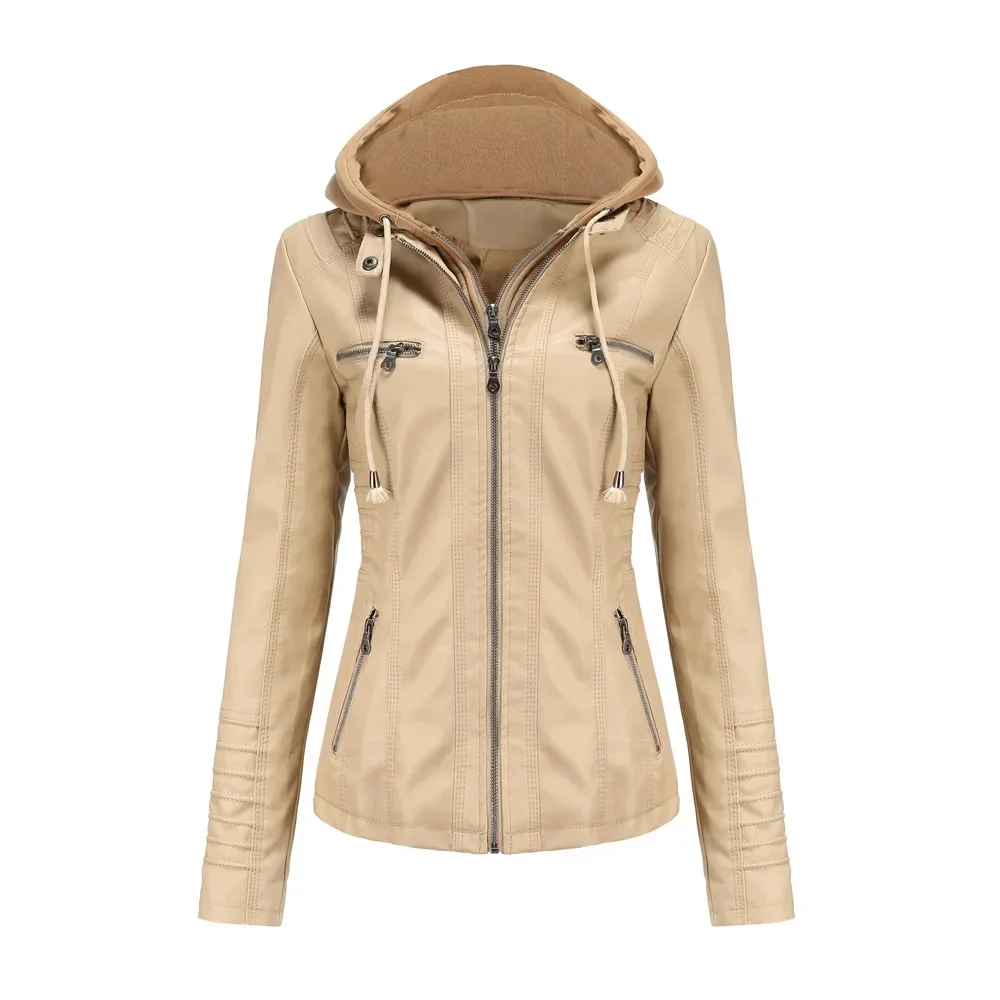 Faux Leather Jacket Women 2023 new Spring Hooded Moto Biker Zipper Jacket New in 2025 Outerwears Autumn Apricot Black White Red Brown XS