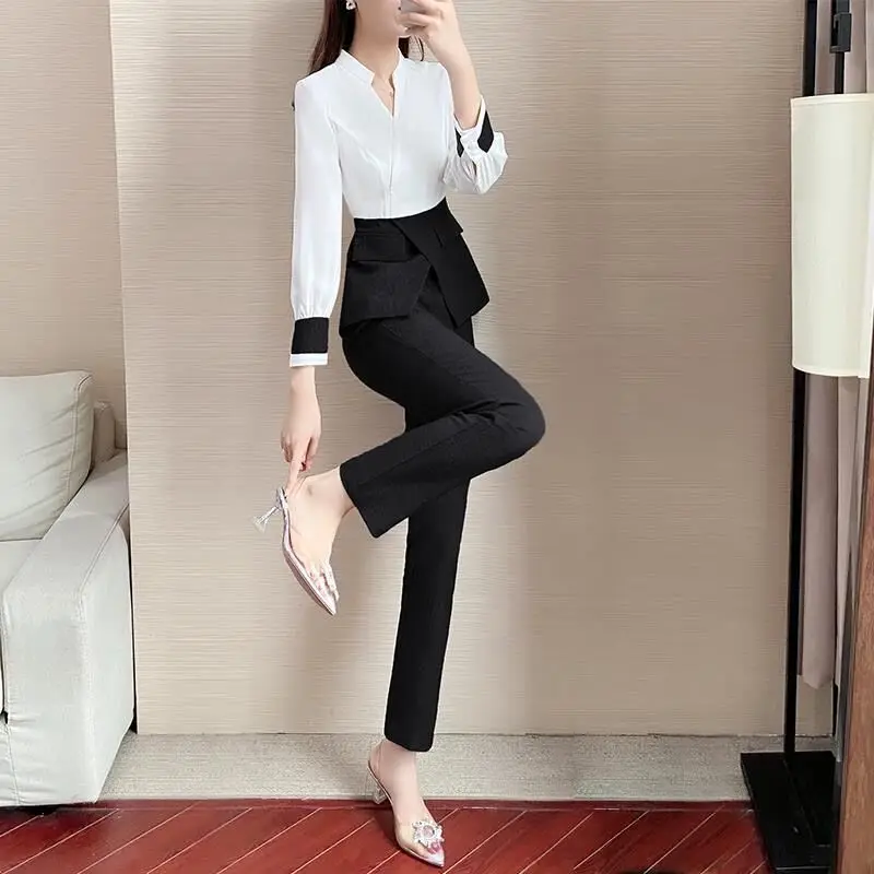 Casual Pencil Pants Two-piece Elegant Women's Pants Set Outfits 2023 Summer 2025 New Round Neck new Patchwork Pullover Thin Shirt Blouse