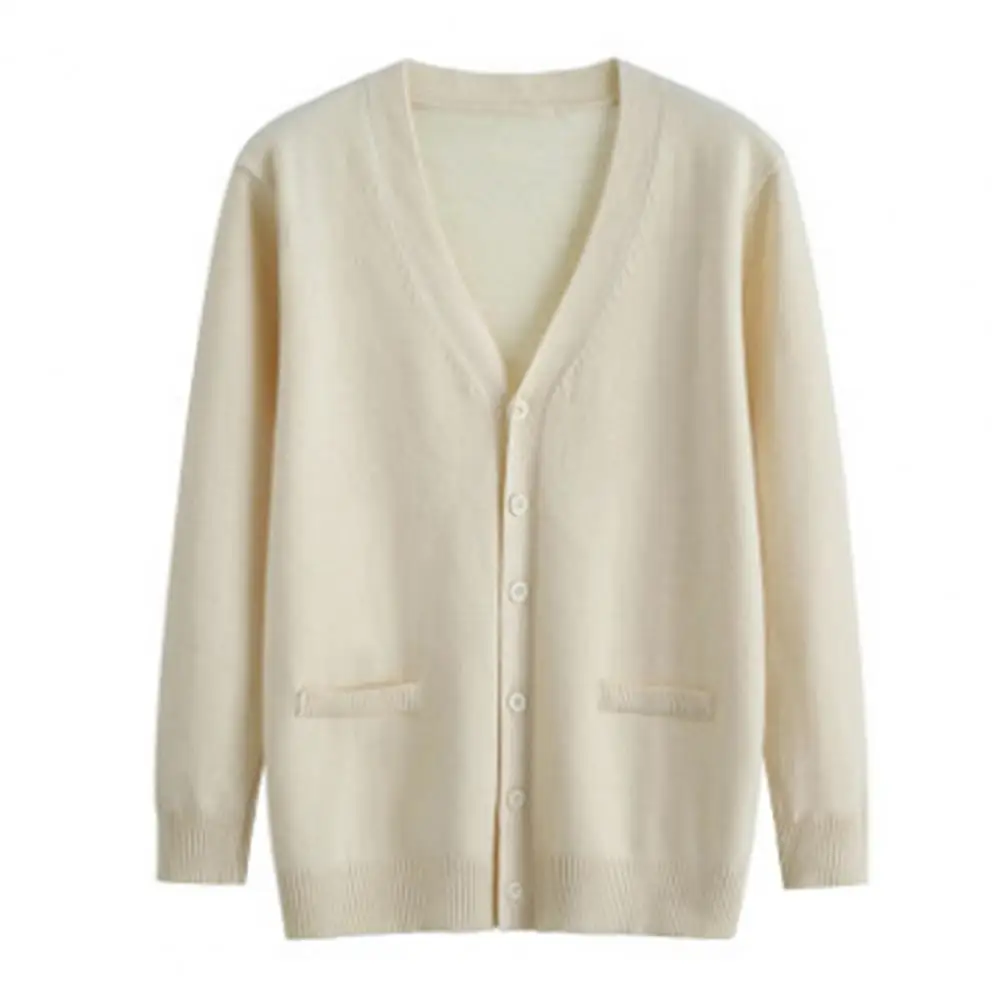 Student Sweater Solid Color Long Sleeve Single-breasted Daily Wear V Neck Preppy Style Sweater Coat For School