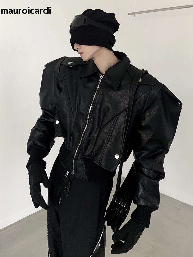 Mauroicardi Spring 2025 Autumn Cool Handsome Short Oversized Black Pu Leather Jacket new Men with Shoulder Pads Long Sleeve Zipper 2023