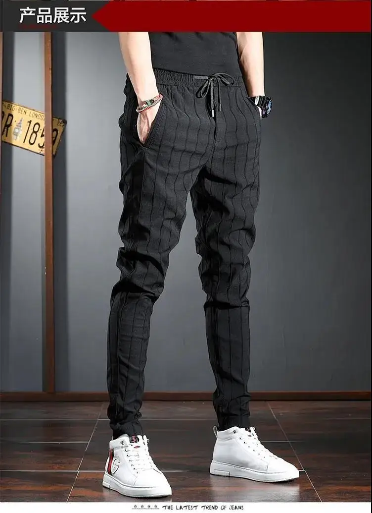Trendy Men's Softener Elastic Waist Striped Denim Jeans Spring Autumn Casual Slim Fit Tapered Floral Embroidery British Pants