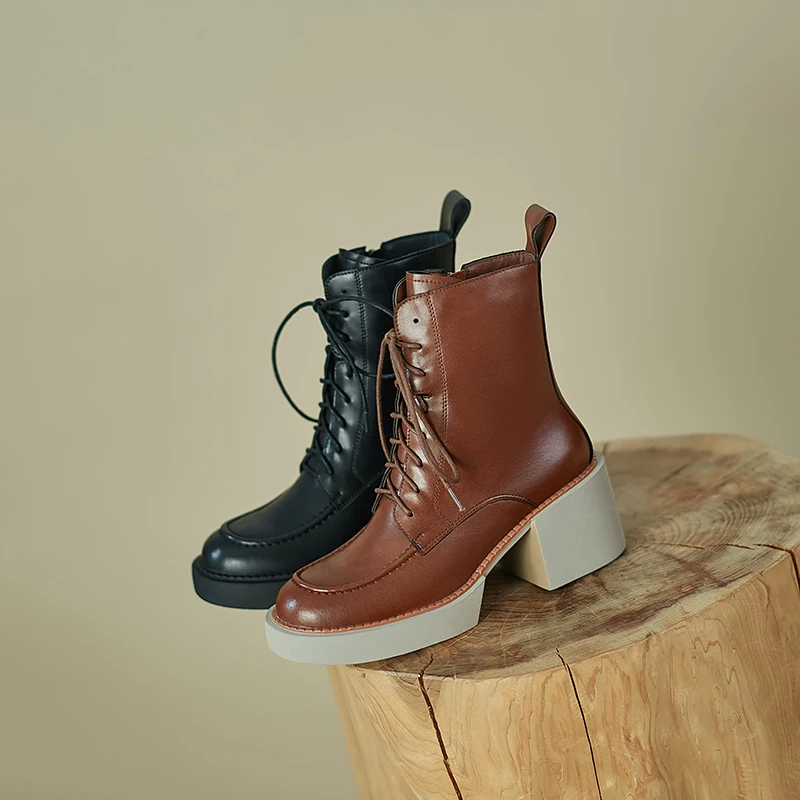 Winter Genuine Leather Chunky Heels Platform for Solid Lace Women Shoes High Heel Boots atos De Mujer