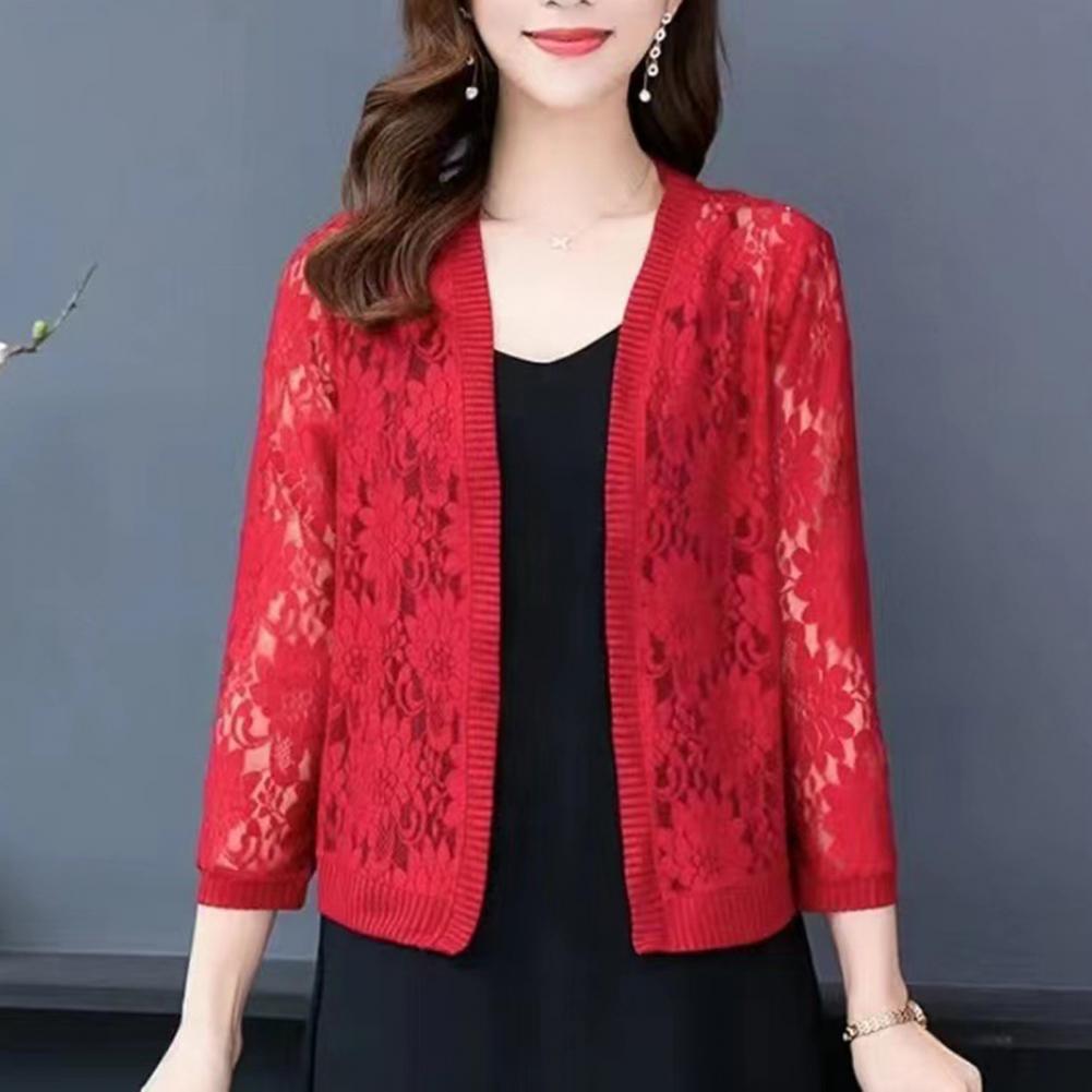 Women Floral Lace Cardigan Lightweight Women Summer Lace Cardigan Solid Color Sun-resistant Ladies Summer Short Top Cover Up