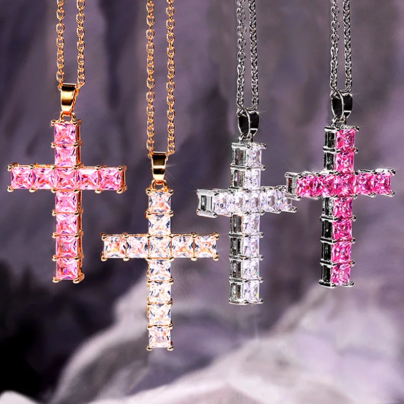 Huitan Hot new Sale Female Cross Necklace Inlaid White/Pink Cubic 2025 Zirconia Fashionable Versatile Women Necklace for Party Jewelry