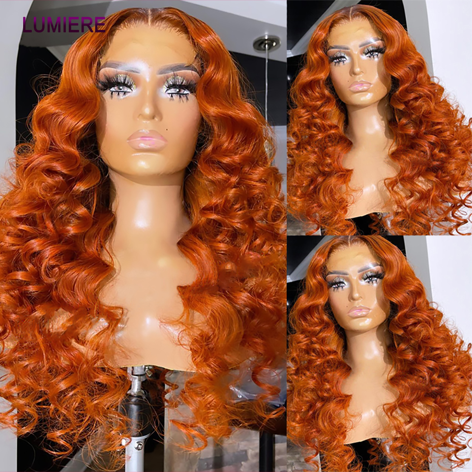 30 32" Ginger Orange Loose Deep Wave Bundles With Closure Frontal Brazilian Raw Human Hair Weave 3/4 Bundles Deal Hair Extension 8a3f4