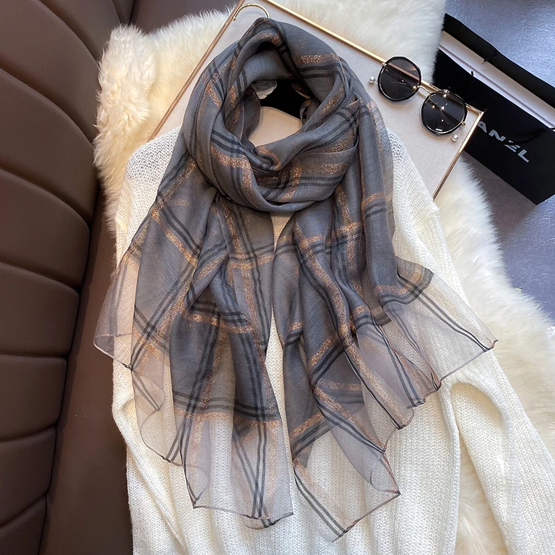 2023 new Silk Wool Scarf Women Plaid Long Foulard Female Glitter Shawl Wrap for Ladies Hijab Spring Winter Thin 2025 Warm Scarves