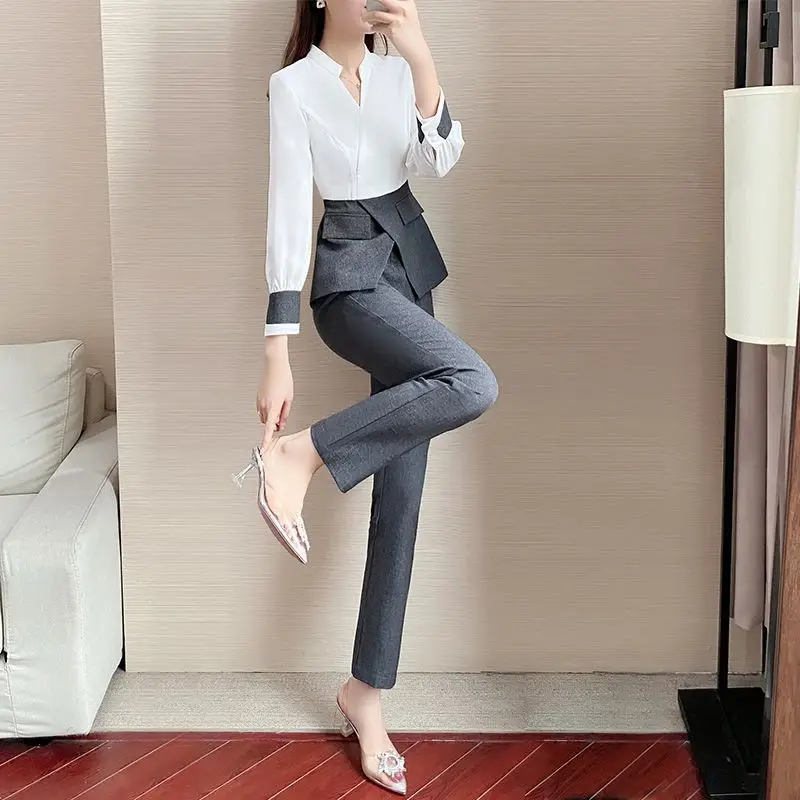 Casual Pencil Pants Two-piece Elegant Women's Pants Set Outfits 2023 Summer 2025 New Round Neck new Patchwork Pullover Thin Shirt Blouse