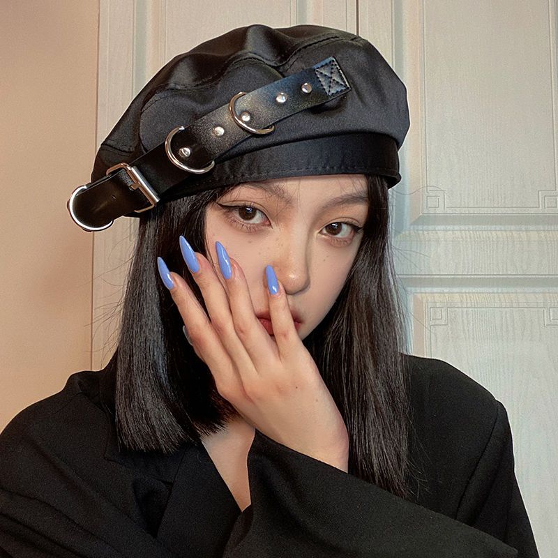 Y2K Cool new Girl Japanese Beret Cap Women's Spring Summer New Cute Retro 2025 Wild Metal Buckle Plaid Temperament Painter Hat Gorras