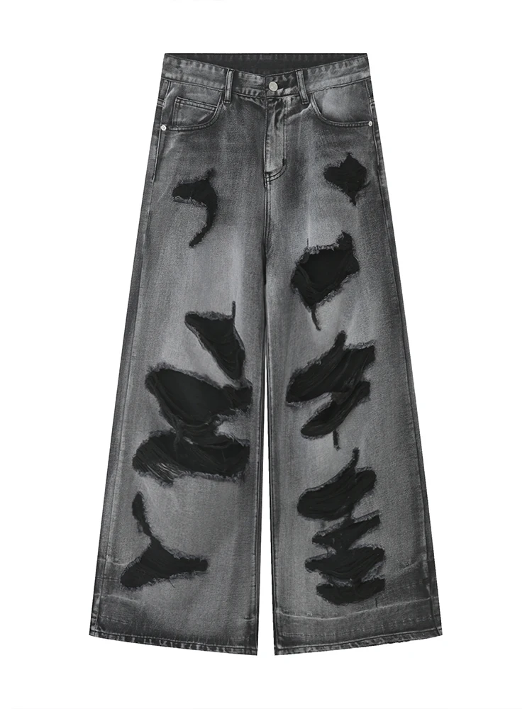 HOUZHOU Ripped Jeans for Men Wide Leg Pants Oversize Hip Hop Darkwear Denim Trousers Male Casual Japanese Streetwear Patchwork