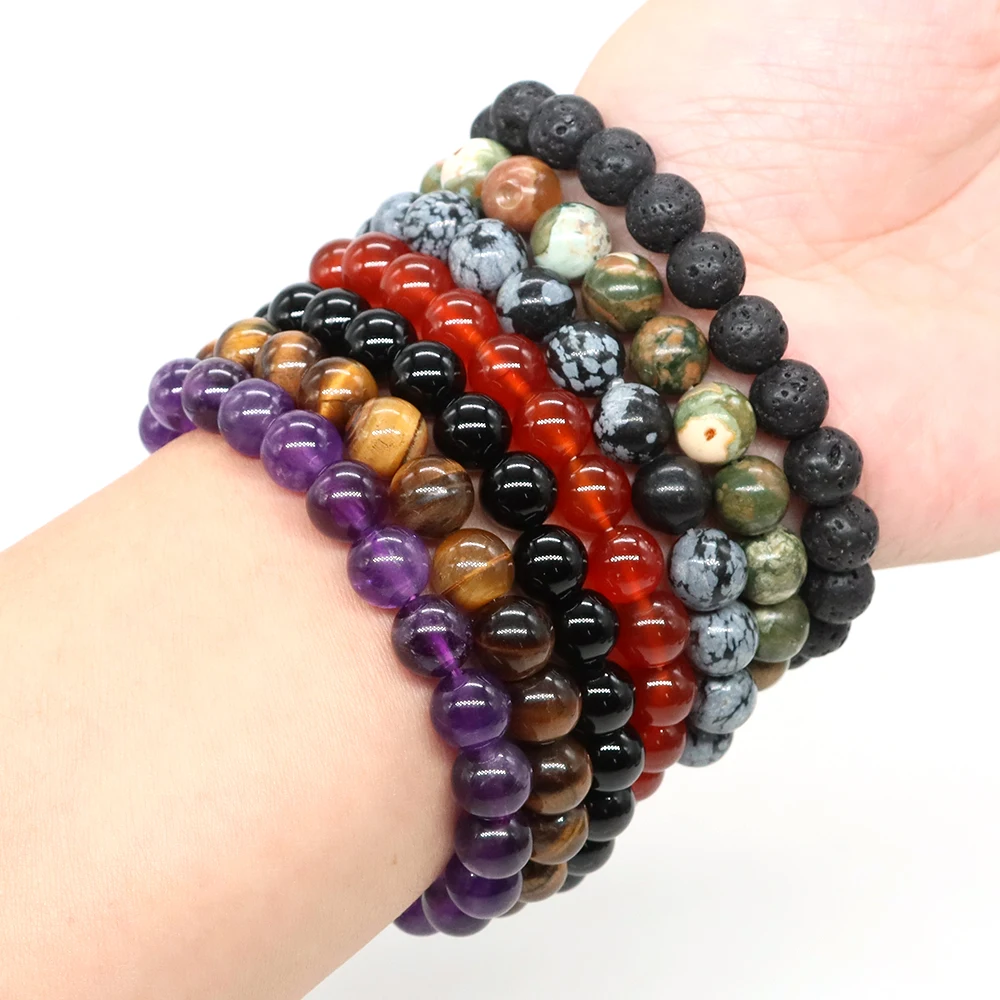 Natural Stone Round Beads Bracelet Amethyst Rose Quartz Chakra Healing Crystal Elastic Stretch Bangle For Women Men Jewelry Gift