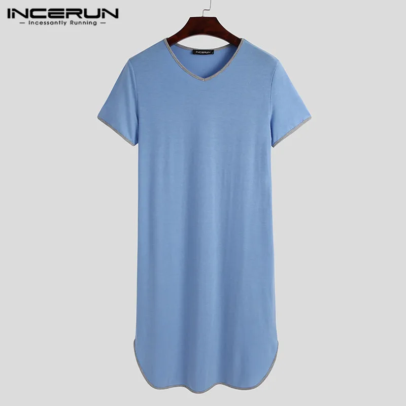 INCERUN Men Robes Homewear Patchwork 2025 V Neck Short Sleeve new Bathrobes 2023 Summer Cozy Men Nightgown Leisure Dressing Gown S-5XL