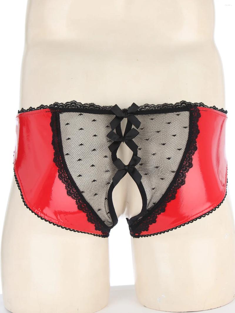 Underpants Mens Lingerie Crotchless Sissy Underwear Sheer Lace Open Crotch Briefs Bowknot Glossy Patent Leather Panties Low Waist Underpant