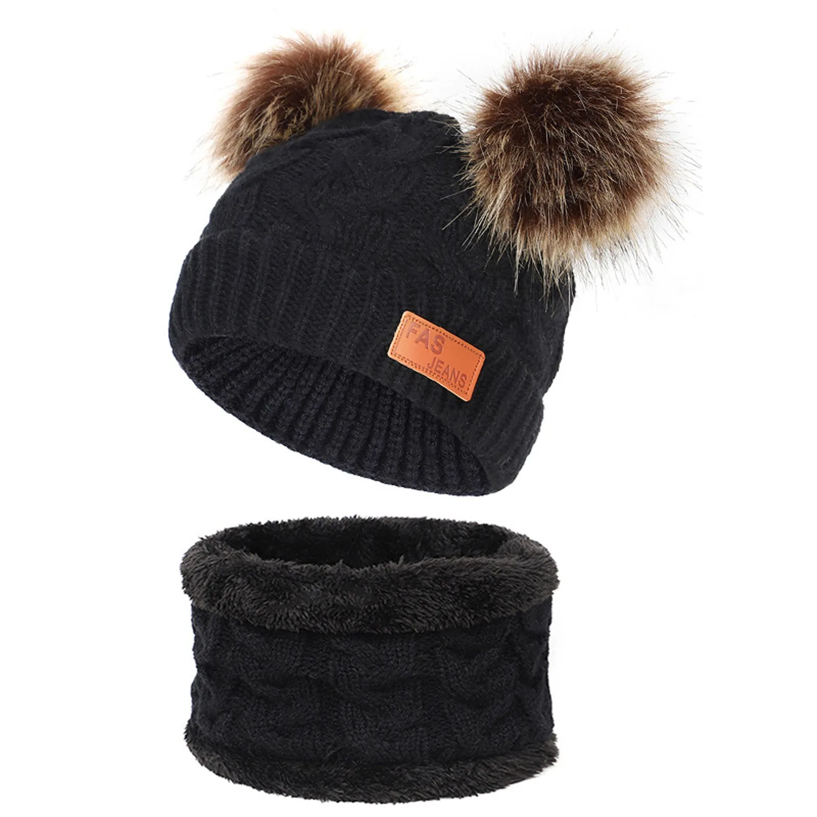 Girls Boys Knit Cap Warm Fur-Ball Baby Winter Knit Hat Children Hats Caps Scarf