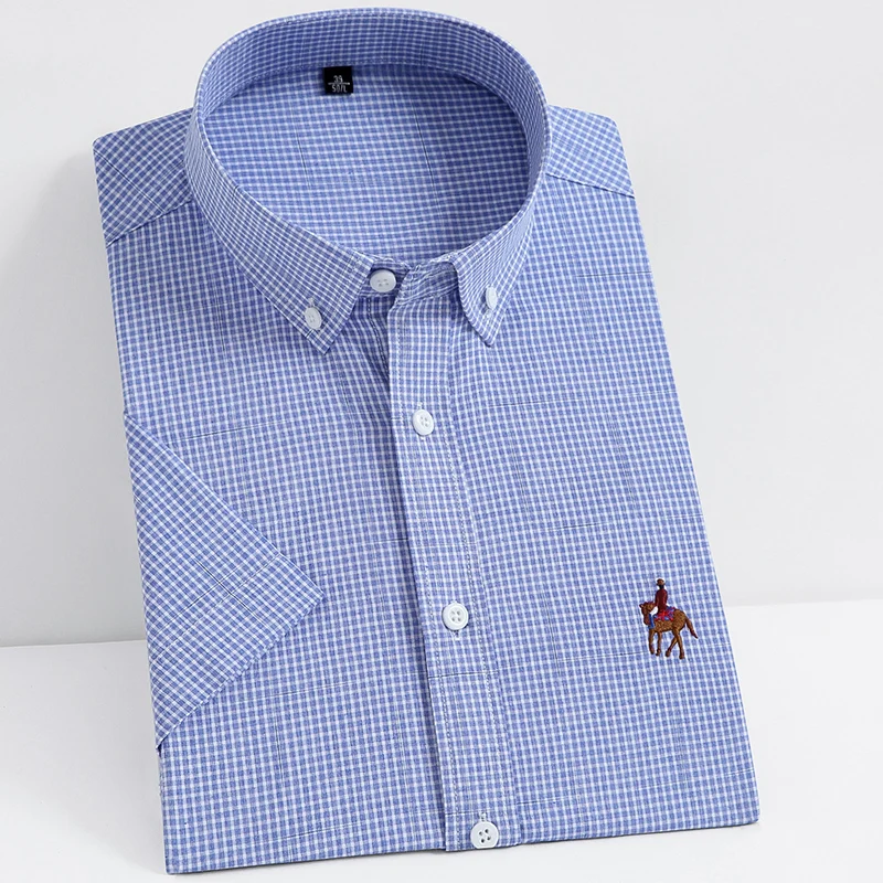 2025 new 2023 Men's Short Sleeve Bamboo Fiber Plaid Stretch Casual Shirts Embroidered Horse Standard-fit Wrinkle Resistant Clothes