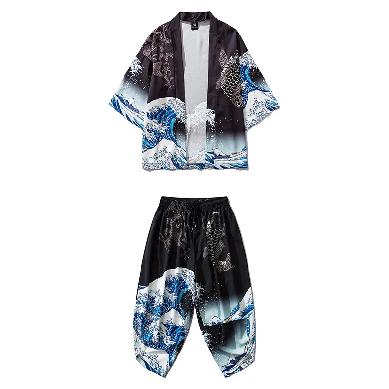 Men Japanese Kimono Traditional Casual Two Piece Set Coat new and Pants Asian 2025 Clothes Harakuju Wave Carp Print Kimono Cardigan