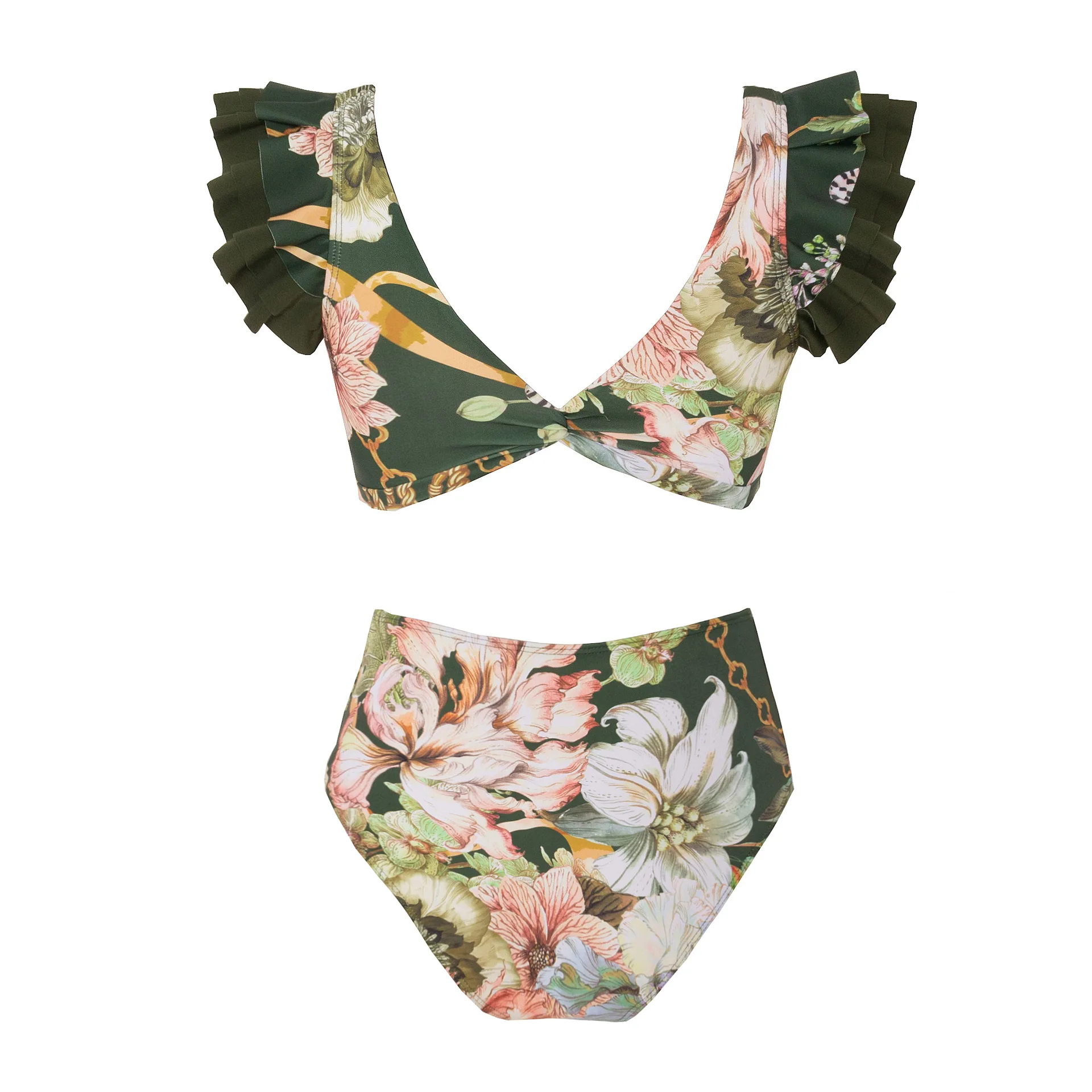 V-neck Black Bikini 2023 Ruffle Swimwear Women High Waist Swimsuit Printed Bathers Bathing Swimming Swim Suit Beachwear