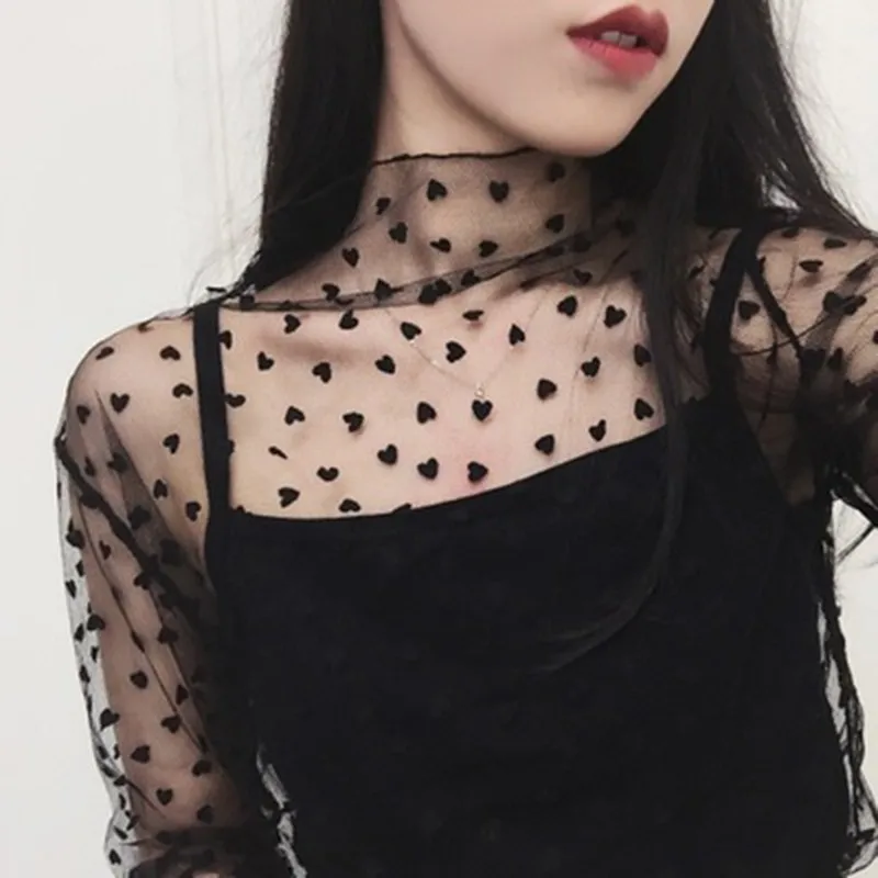Women Mesh Long Sleeve Tops Hot Sexy new Transparent High Neck Black Lace Bottoming Shirts Punk Chic T 2025 Shirt Women