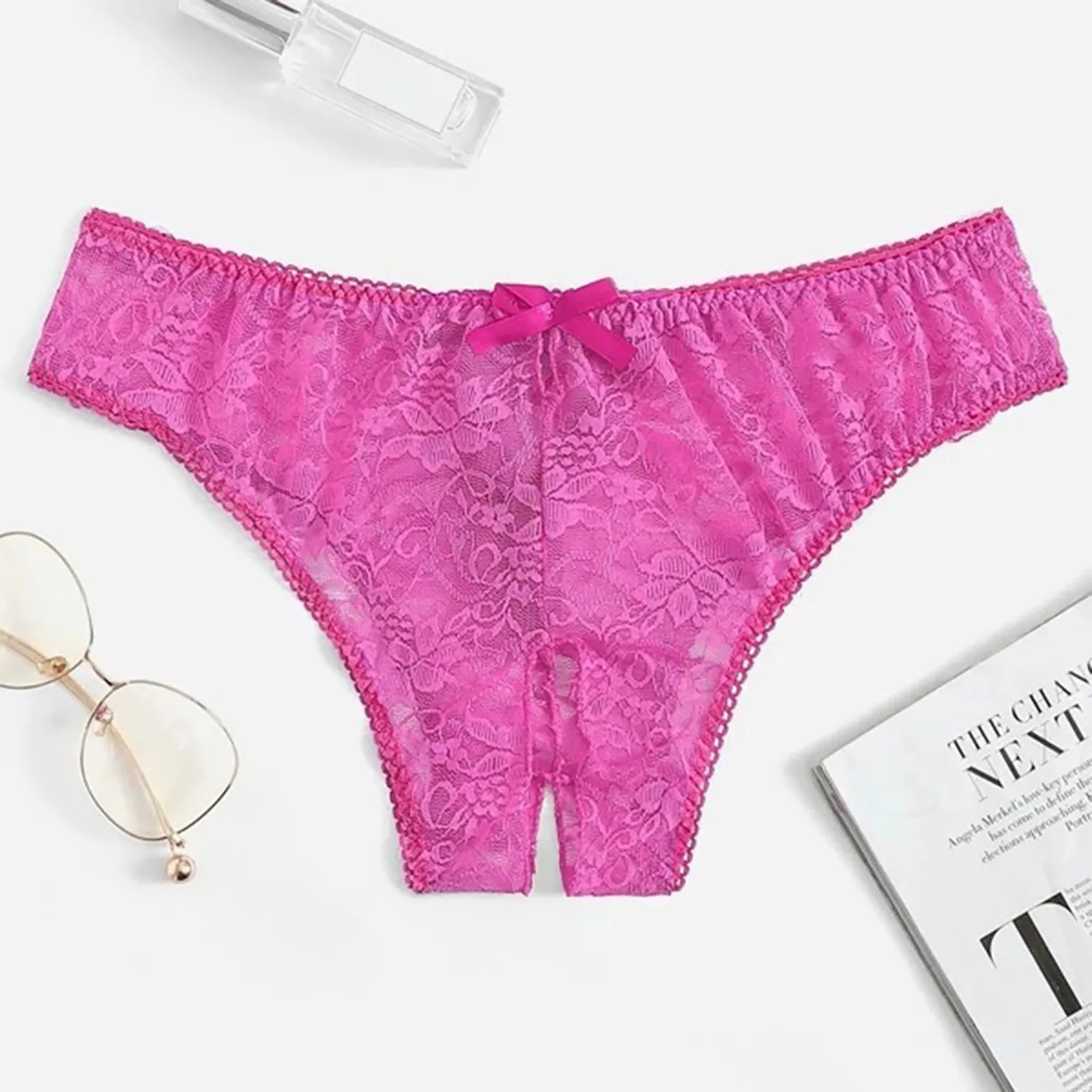 Women's Panties Female Sexy Lingerie G-String T-back Cute Bow Erotic Underwear Transparent Lace Embroidered Open Crotch Thongs