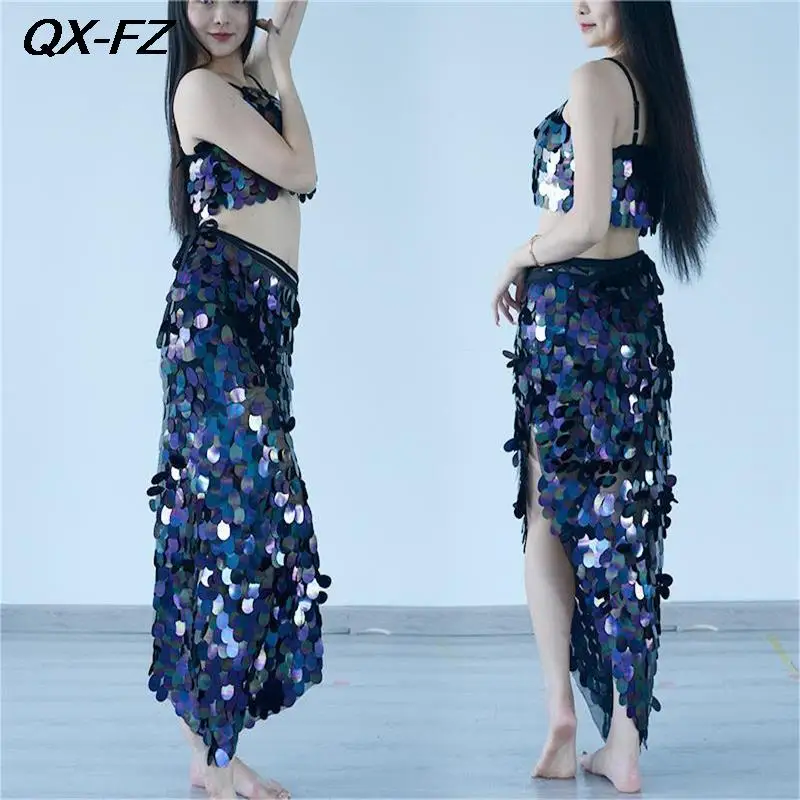 2023 Sexy Mermaid Bra Top+Hip Scarf Outfit Set Women Sequin Belly Dance Costume Set Ladies Elegant HipSkirt Dance Training Suit