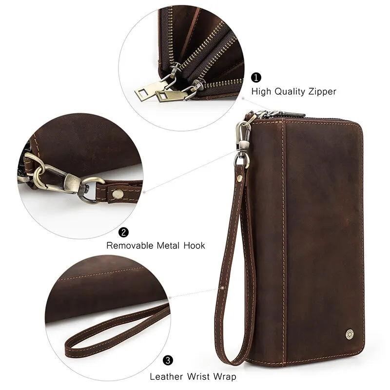 Orange Leaf Genuine Leather Men's Wallet Clutch Bag Card Holder Long Wallets Double Zipper Large Capacity Vintage Male Purses