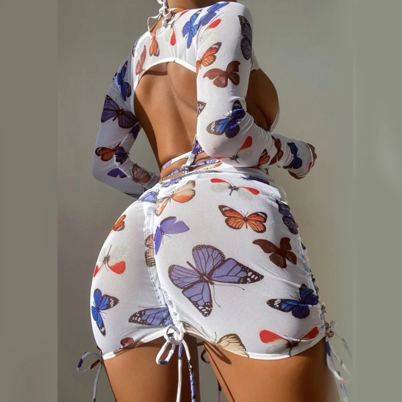 4Pc Swimsuit for Women Halter Bikinis 2025 Lace Up Swimwear with Beach-Skirt Sexy Butterfly-Print Bathing new Suit Beachwear Dropshipping