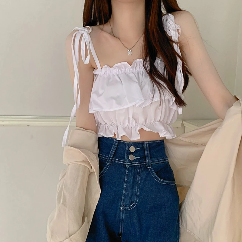 Women Summer Crop Camisoles Low-Cut 2025 Sling new Plain Ruffle Ruched Short Tops, Ladies Shoulder Straps Tie Slim Navel Vest