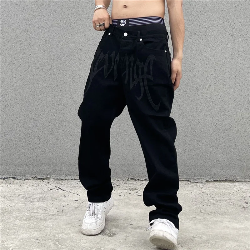 New Y2K Black Baggy Jeans Men's New Streetwear American Vintage Printed new 2025 Letter Pants Straight Hip-hop Loose Denim Trousers