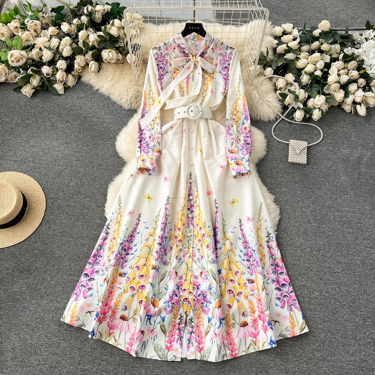 Basic Casual Dresses Summer Holiday Lavender Wer Dress Women Bow Collar Sleeve Ral Print Single Breasted Belt Long Robe Vestidos