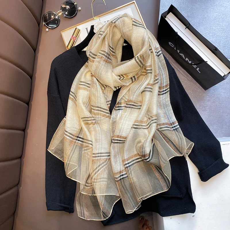 2023 new Silk Wool Scarf Women Plaid Long Foulard Female Glitter Shawl Wrap for Ladies Hijab Spring Winter Thin 2025 Warm Scarves