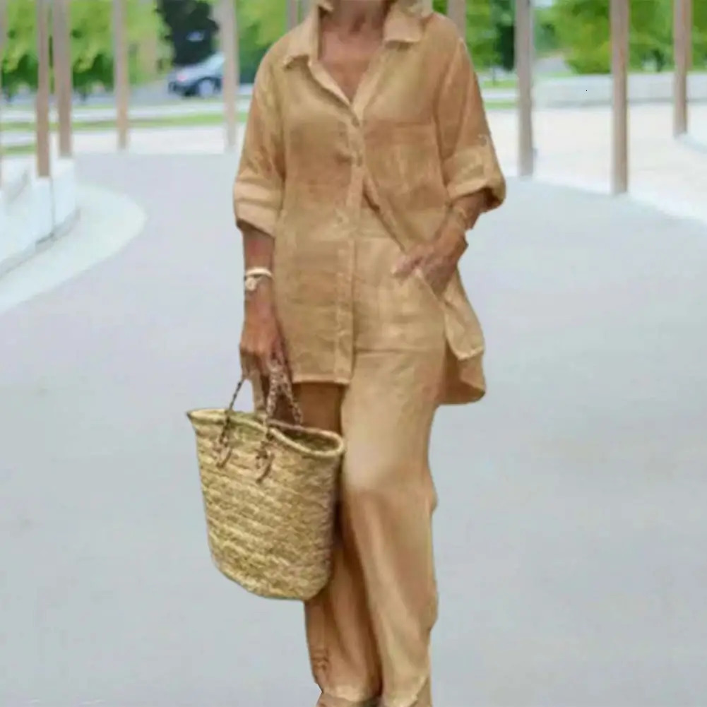 2 PcsSet Fabulous Leisure Summer Top Trousers Set Pockets Casual Deep Crotch Easy to Match 240329