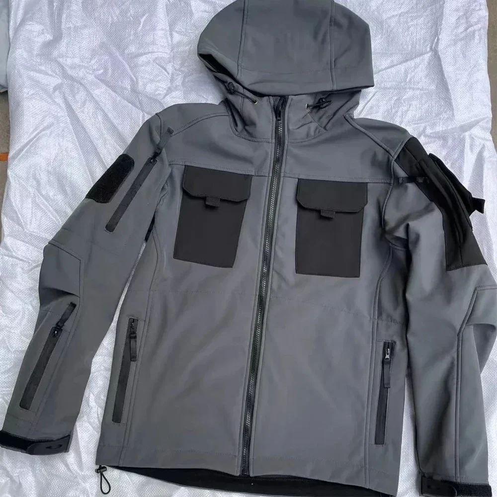 Soft Shell Suit Men Waterproof Tactical 2 Pcs Set Shark Skin Windproof Hooded Jacket Multi-pockets Cargo Pants Uniforms