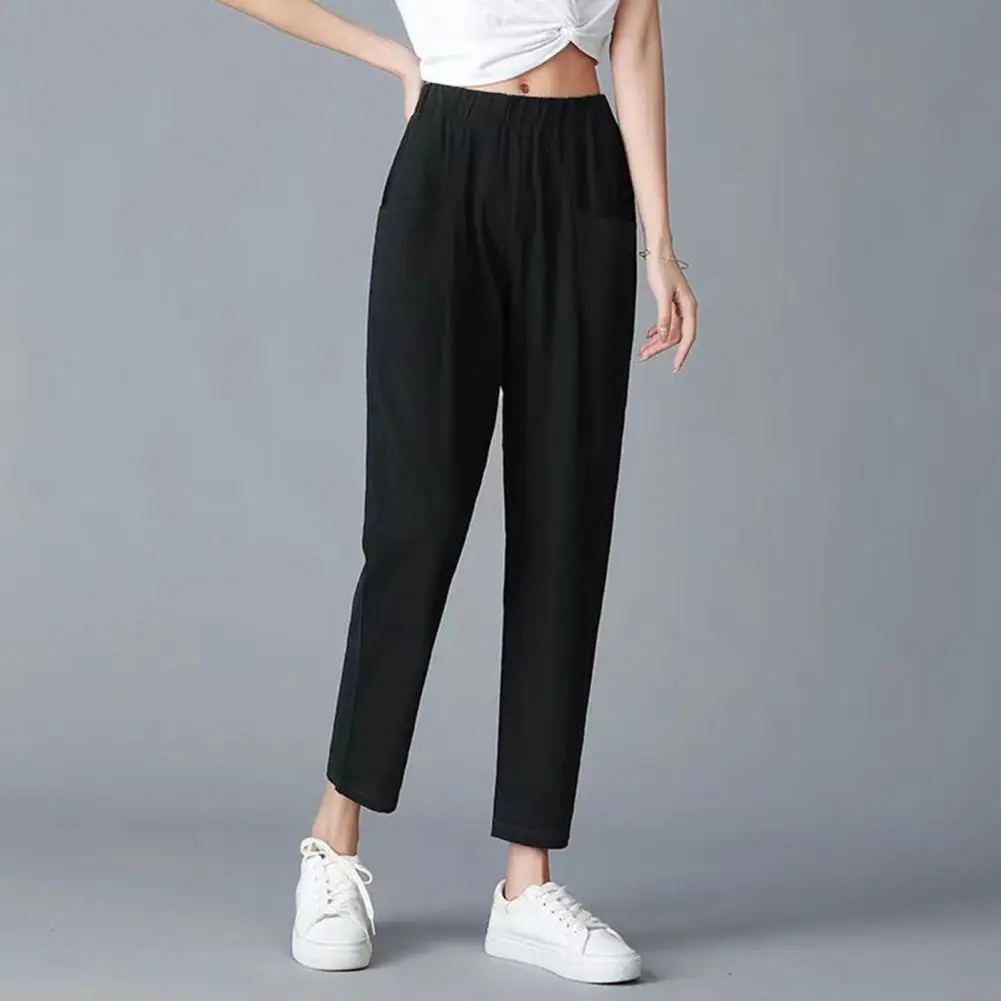 Women Pants Elastic Waist Loose-fitting Solid Color Ankle-length with Pocket new 2025 Decorative Flax Women Summer Wide Leg Pants