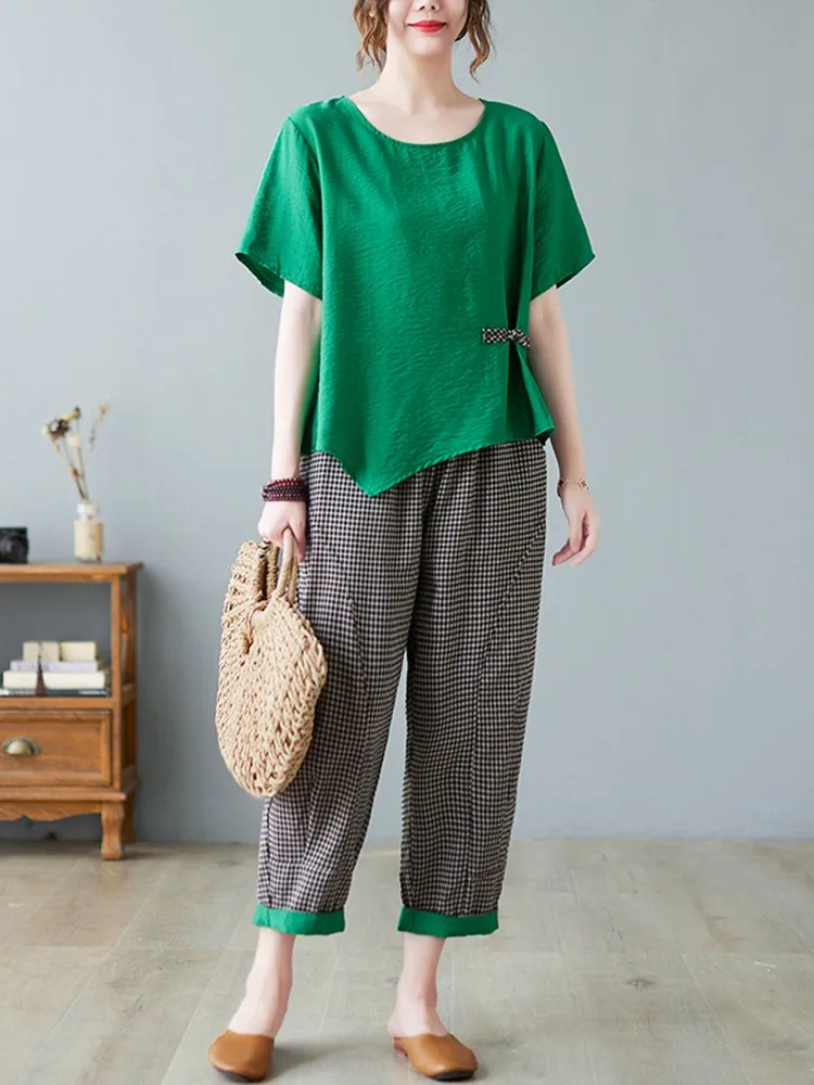 2 Piece Sets Women Casual T-shirt And Ankle-length Pants New Arrival new 2023 Summer Vintage Style Loose 2025 Female Pant Suits B2521