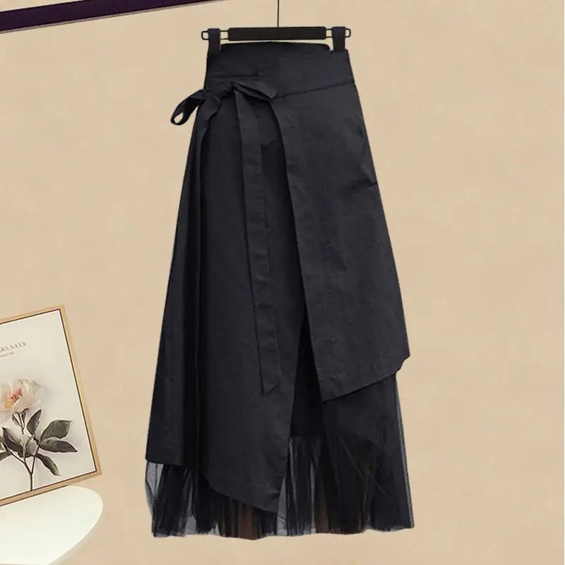 Large Size Women's Clothing 2025 2023 New Korean Spring Summer Long Sleeved new T-shirt + Temperament High Waist Skirt Two-piece Set