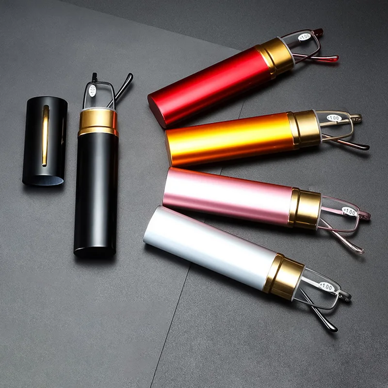 Elegant Portable Metal Frame Mini Ultra-thin Reading Glasses Pen Box Men Women Reading Glasses with Box Presbyopia Eyeglasses