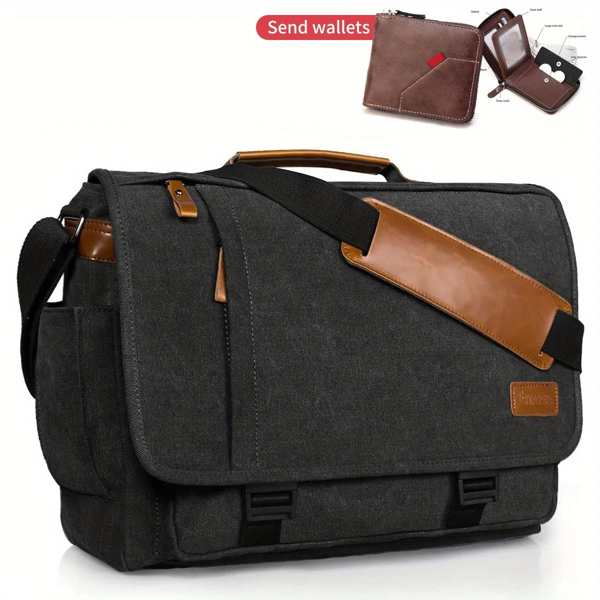 Crazy Horse Leather Mens Crossbody Briefcase Canvas Splashproof Workwear Messenger Bag Computer Tote 240320