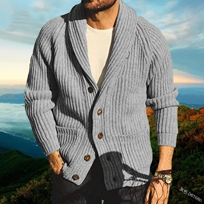 Men Knitting Coat Spring Autumn Solid Color 2025 Slim-Fit Cardigan new Sweater Men England Style Long Sleeve V-neck Lapel Sweater Coat