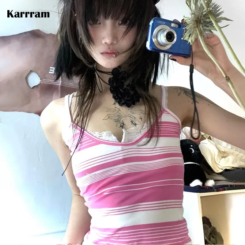 Karrram Y2k 2025 Aesthetics Camisole Japanese Haruku new Cami Top 2000s Kawaii Crop Top Fairycore Pink Striped Tank Top E-girl Grunge