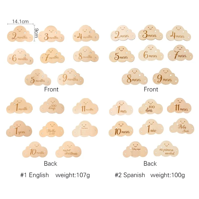 8pc Spanish Milestone Card for Newborn Cute Cloud Photography Props Wooden Baby Accessories Month Cards Sticker Newborn Gifts