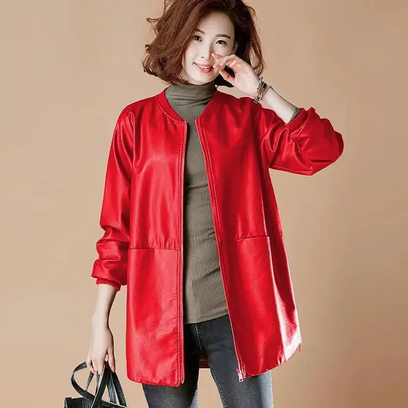 2023 Spring and Autumn Women's Mid Length new Leather Jacket PU Baseball Uniform Commute Style Loose and Slimming Faux 2025 Leather Coat