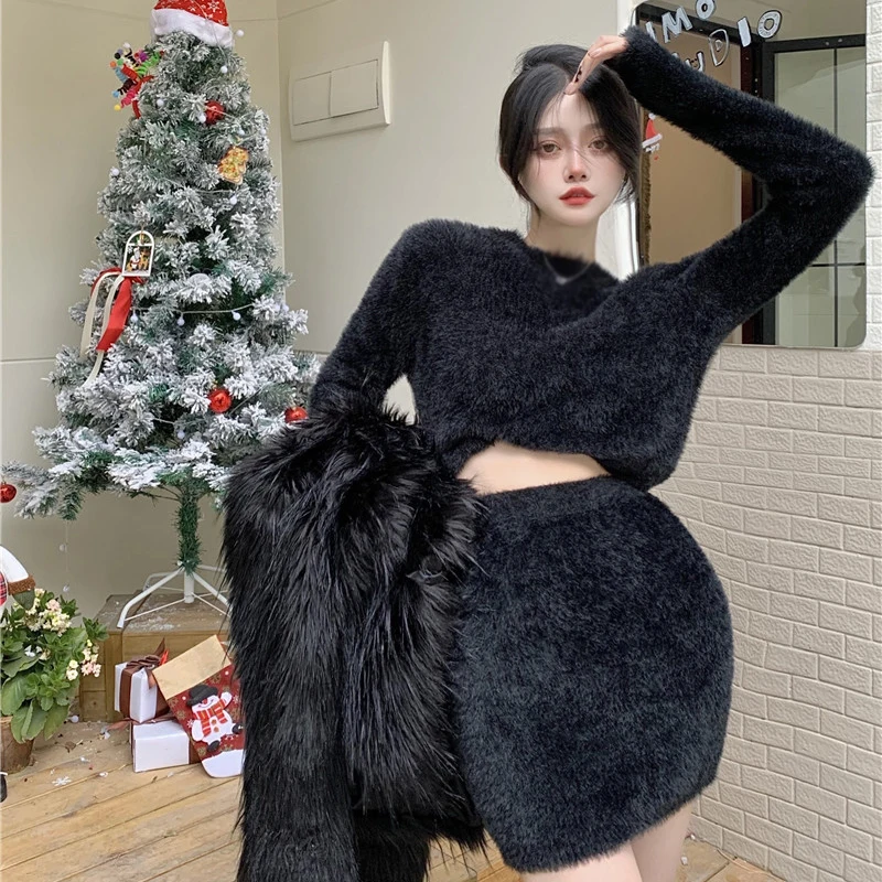 Autumn Spring Women Mini Furry Skirt Faldas Mujer new Moda Slim Sexy High Waist Wrap Hip 2025 Black Bottom Wild Woolen Elegant Korean