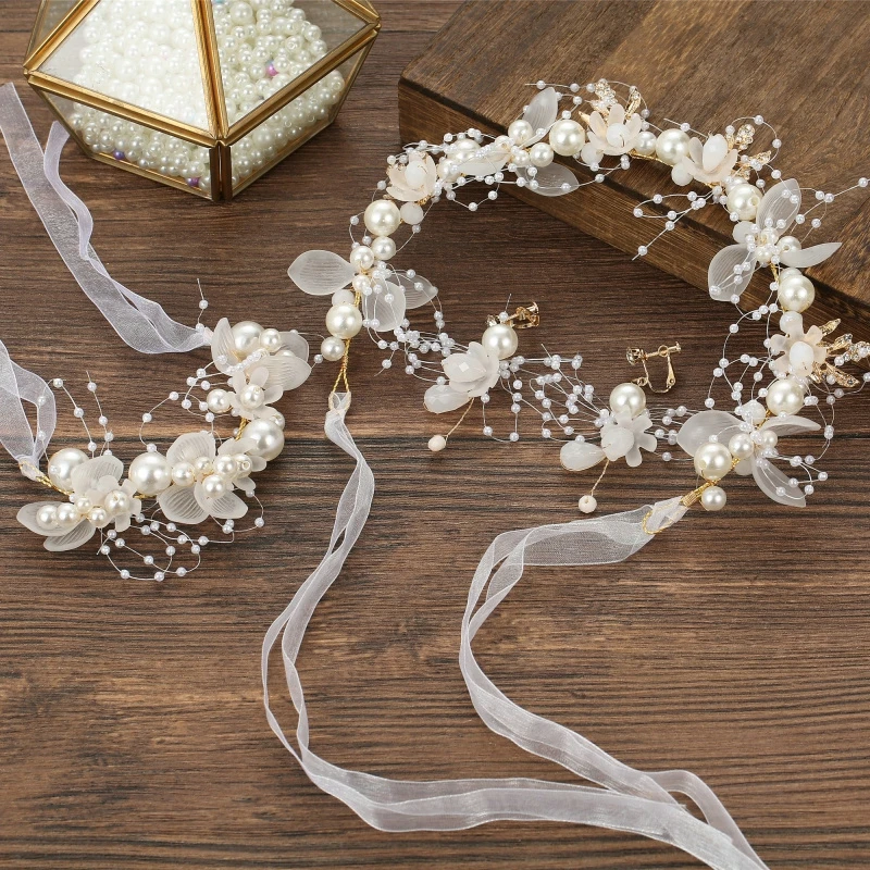 Elegant Bohemian Imitated Pearl Crowns Girls Bridal Wedding Headband Floral Garland Romantic Wreaths Flower Headband Girls Adult
