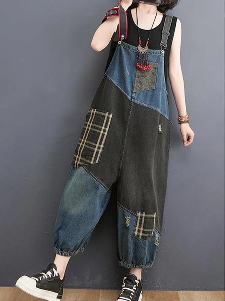 Max LuLu 2023 Korean Fall Jeans Women Plaid Ripped Denim Overalls Ladies Vintage Punk Loose Pants Luxury Classic Casual Trousers