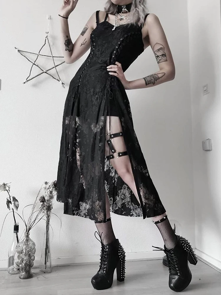 Goth Dark Split Mall Gothic Lace Sexy Bandage Midi Dresses Women Grunge 2025 Aesthetic Black Punk Sling Partywear new Alternative Clothes