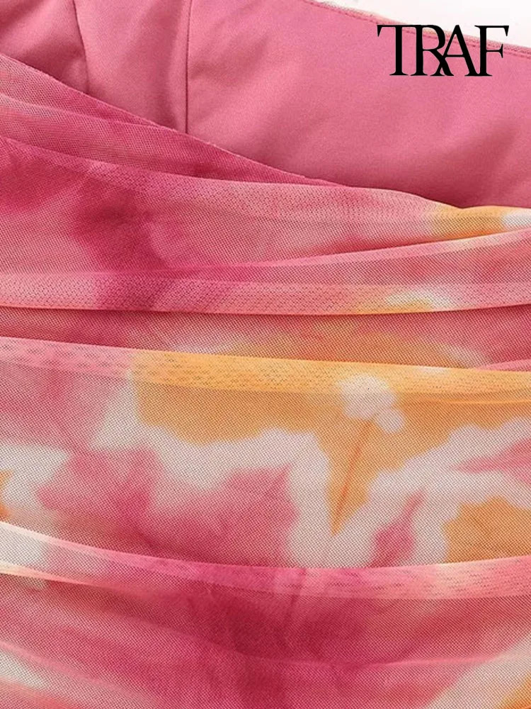 TRAF Women Fashion Strapless Printed Tulle Ruched Midi Dress Vintage Straight Neck Side Zipper Female Dresses Vestidos Mujer 240319