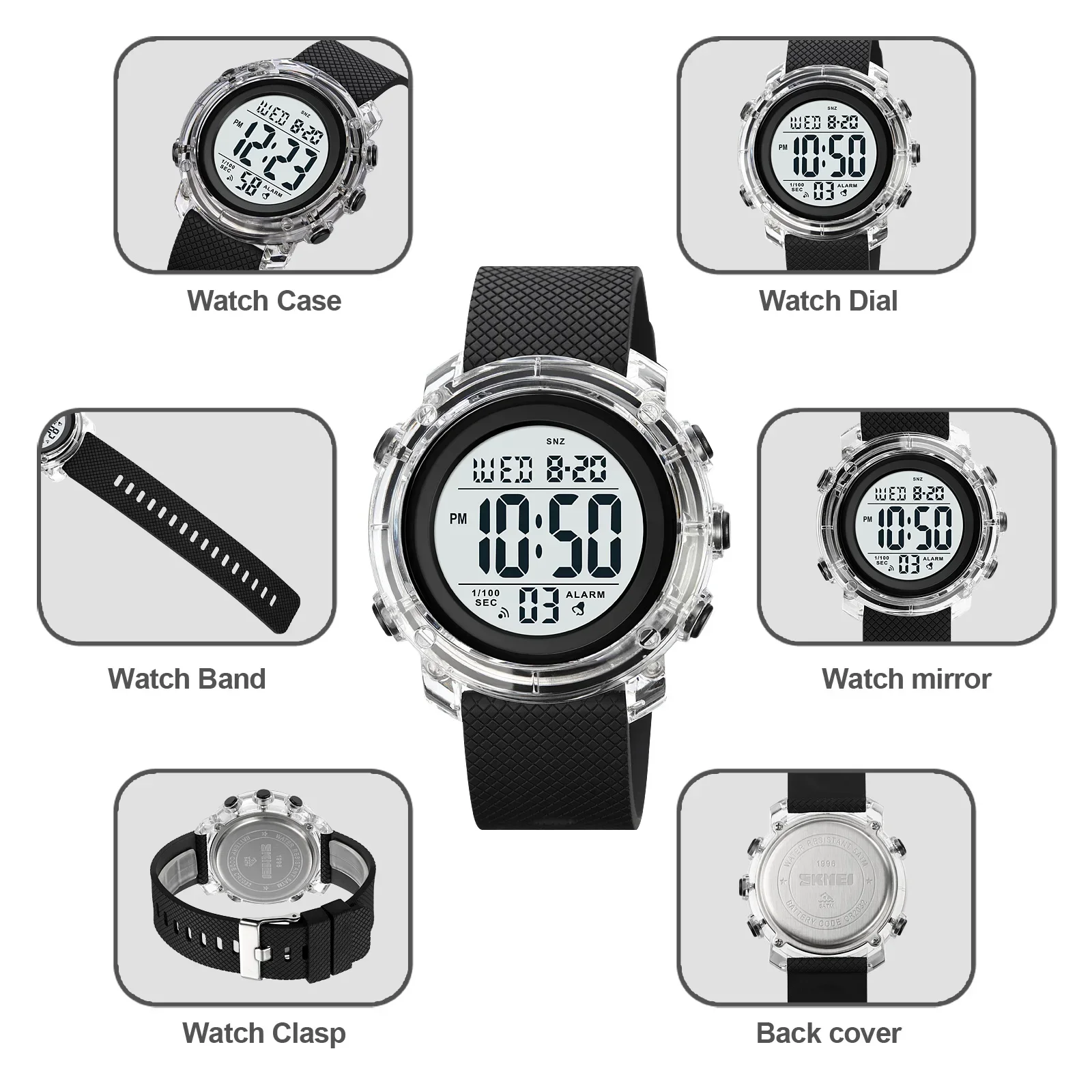 SKMEI 1996 Calendar Clock reloj hombre Japan Digital movement LED Light Watch Mens Women 5Bar Waterproof Countdown Wristwatches