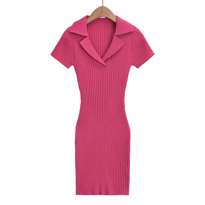 Party Dresses Mini For Women 2024 Summer Knitted Short Sleeve Dress Bodycon Black Polo Neck Vintage Clothes One Pieces