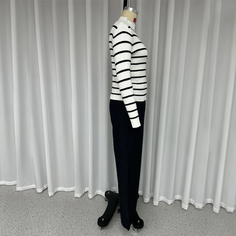 Wefads Women Two Piece Set Winter Office Casual Striped Printed Crew Long Sleeve Slim Sweater Top Loose With Pockets Pants Sets