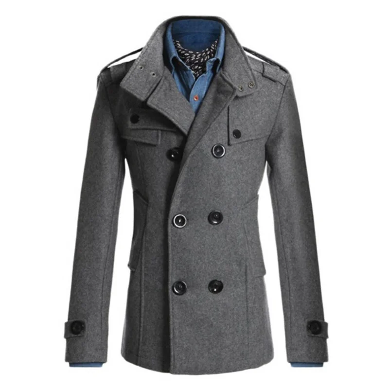 2023 Winter New Mens Warm Trench Woolen Coat Slim Casual Jackets Male Solid Stand Collar Double Breasted Peacoat Parka